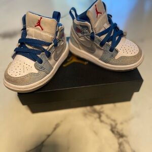 Jordan 1 Mid Sneakers Toddler 5C- French Blue, Fire Red, White